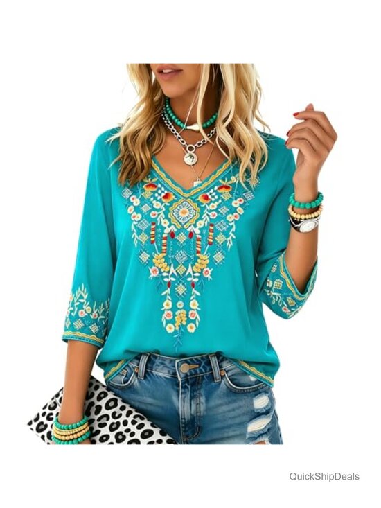 Tops - Mexican Embroidered Bohemian Tunic Top V-Neck 3/4 Sleeve Rayon Plus Size